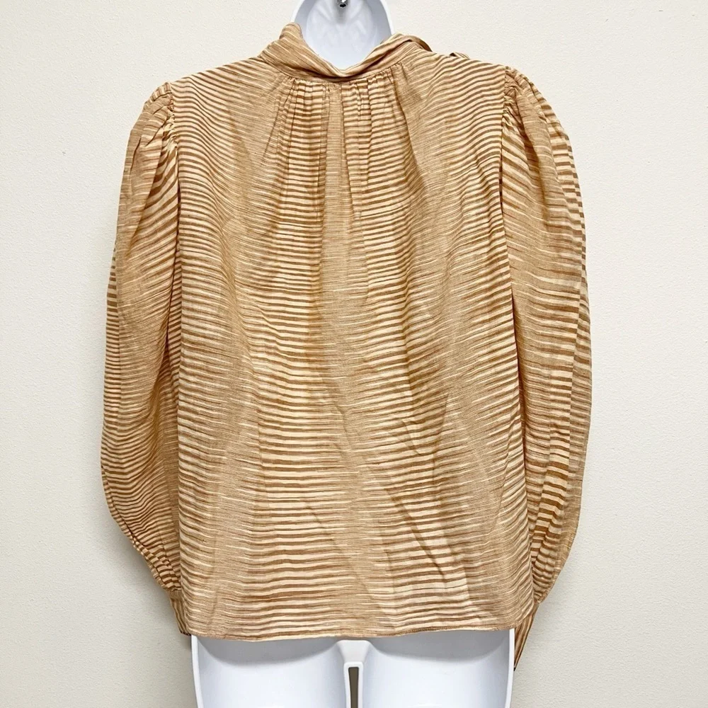 Ulla Johnson Womens Gauzy Ikat Fawn Striped Draped Neck Tie Puff Sleeve Blouse